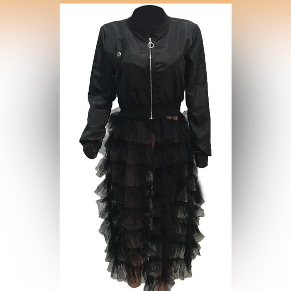 Zip up Long Bomber Jacket Tiered Mesh Black Tulle Layered Dress - Picture 5 of 10
